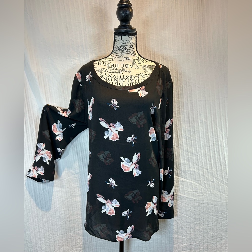 Banana Republic NWT Sz XL Abigail L/S Semi Sheer Pullover Blouse Black Floral